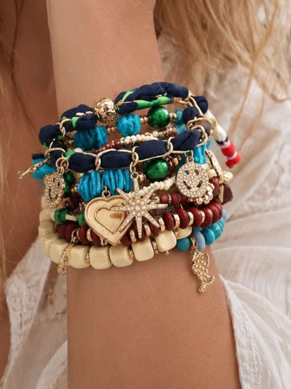 Deluxe 10PC Boho Stack Beaded Bracelet Set Gold Filled Charm Tassels India NEW